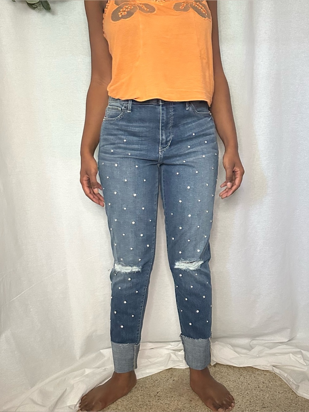 Sam Edelman Mary Jane high rise rhinestone straight distressed cuffed jeans.